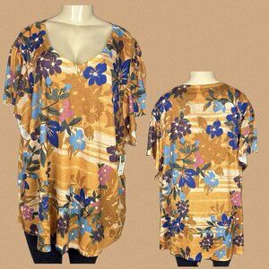 Terra & Sky 3X Tawny-Blue Floral V-Neck Studded Accent Flutter Short Sleeve Top